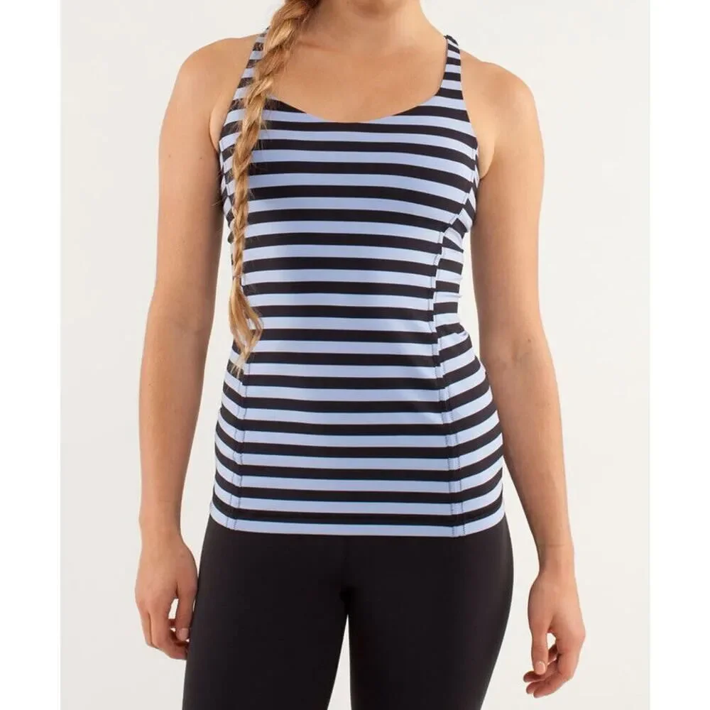 Lululemon Free to Be Blue Sea Stripe Tank Top Built-In Bra Racerback Stretch 6